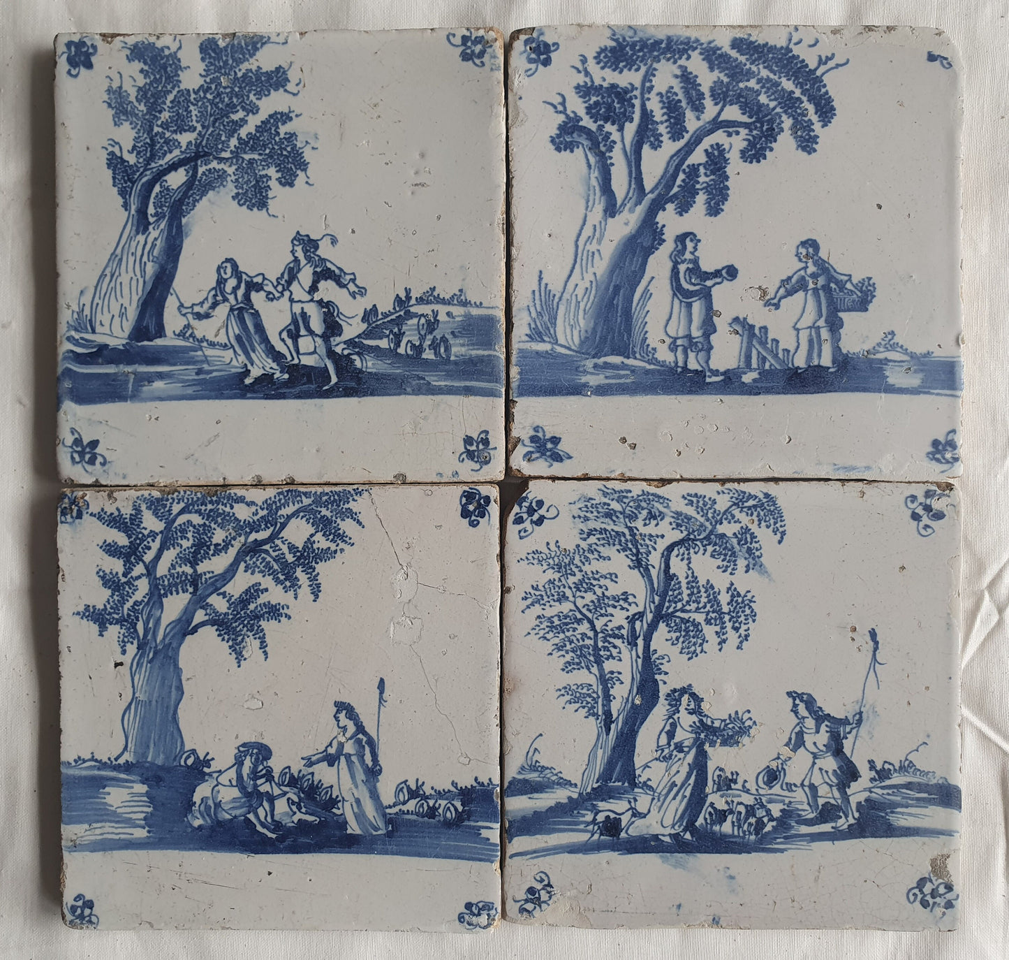 Antique Dutch Delft Tiles, Pastoral Scene, circa 1680 AD, Set of 4