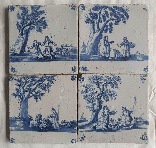Antique Dutch Delft Tiles, Pastoral Scene, circa 1680 AD, Set of 4