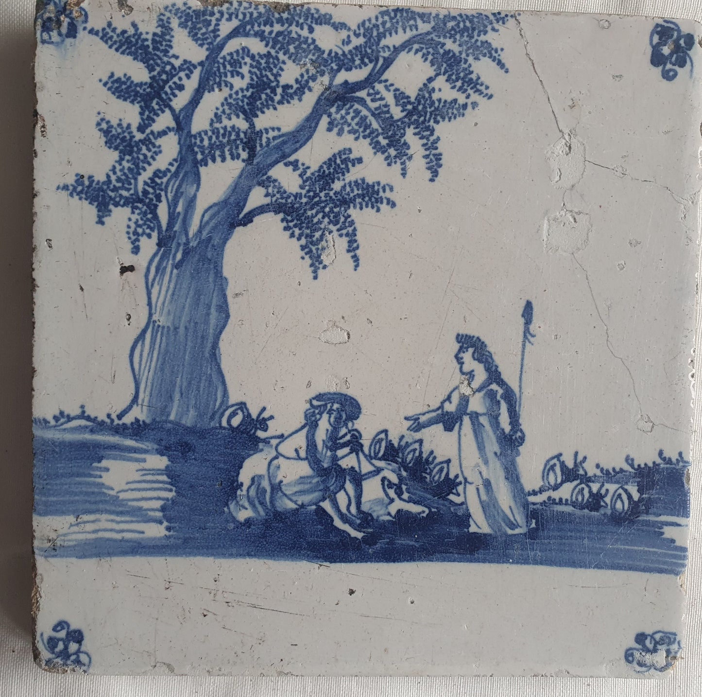 Antique Dutch Delft Tiles, Pastoral Scene, circa 1680 AD, Set of 4