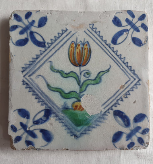 Antique Dutch Tulip Tile, Polychrome Majolica, Dated 1640