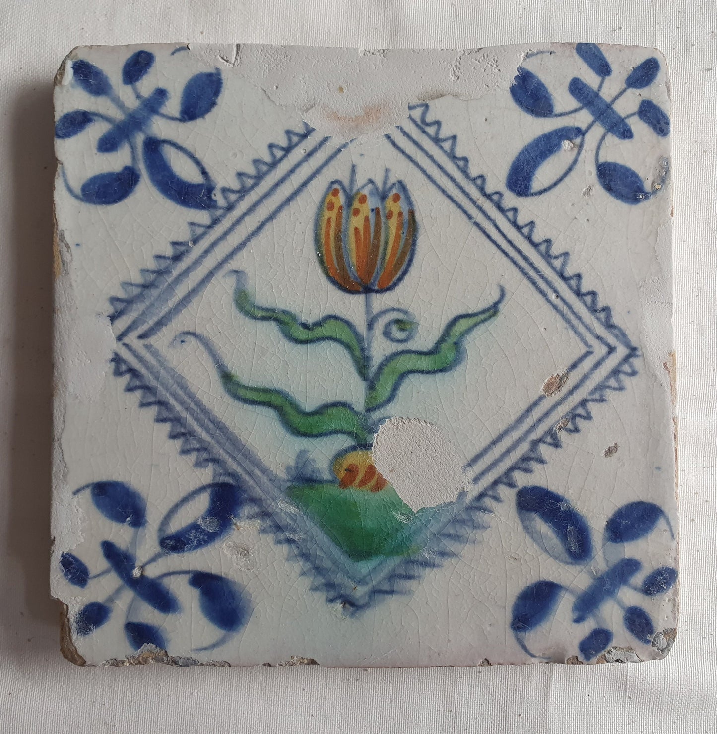 Antique Dutch Tulip Tile, Polychrome Majolica, Dated 1640