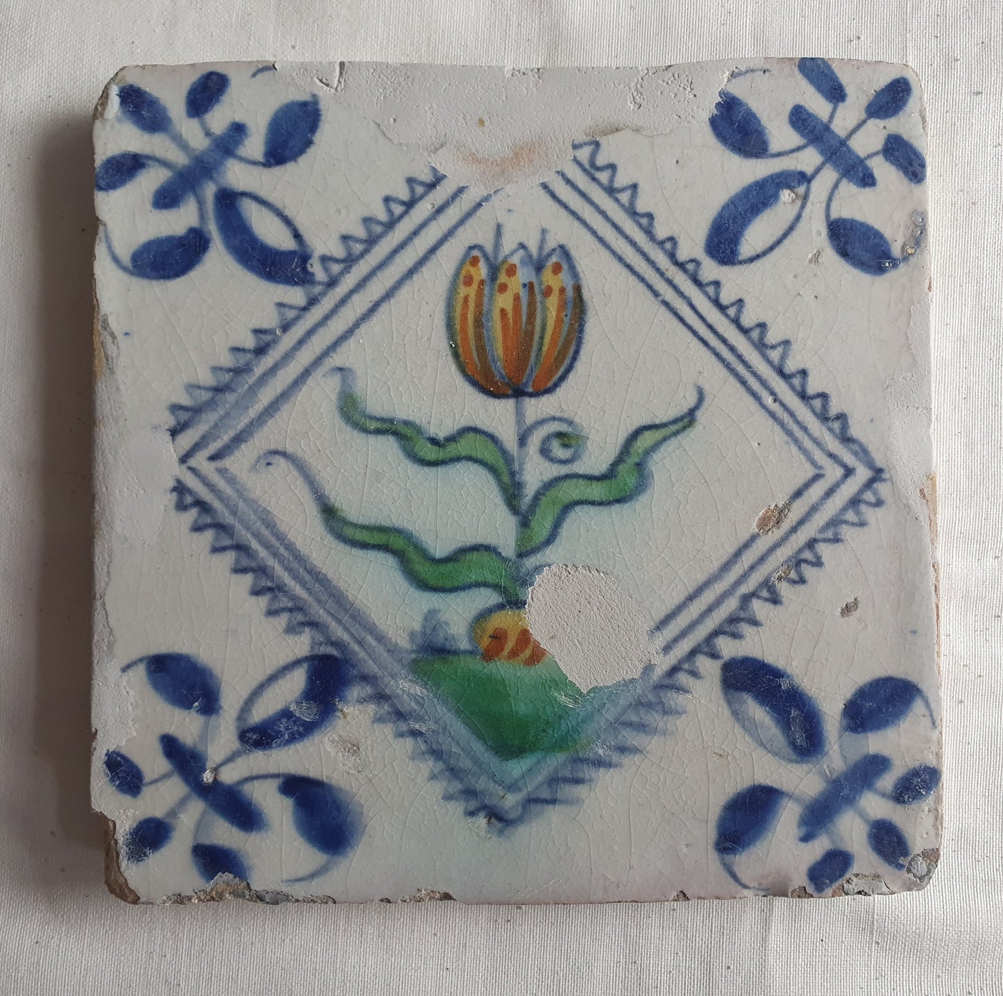 Antique Dutch Tulip Tile, Polychrome Majolica, Dated 1640