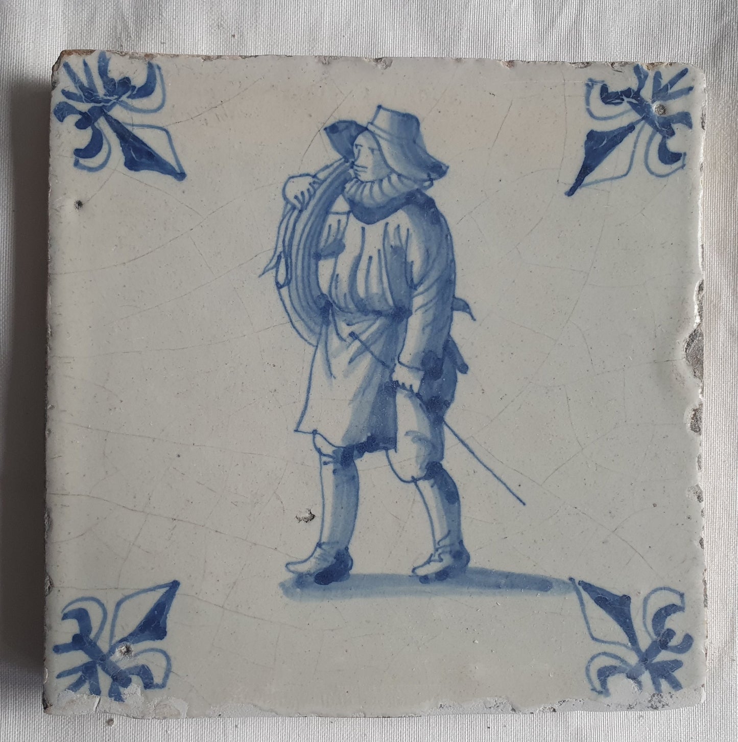 Antique Delft Blue Tile, Chimney Sweep, Lilyhead Corner, 17th Century