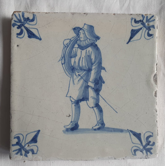 Antique Delft Blue Tile, Chimney Sweep, Lilyhead Corner, 17th Century
