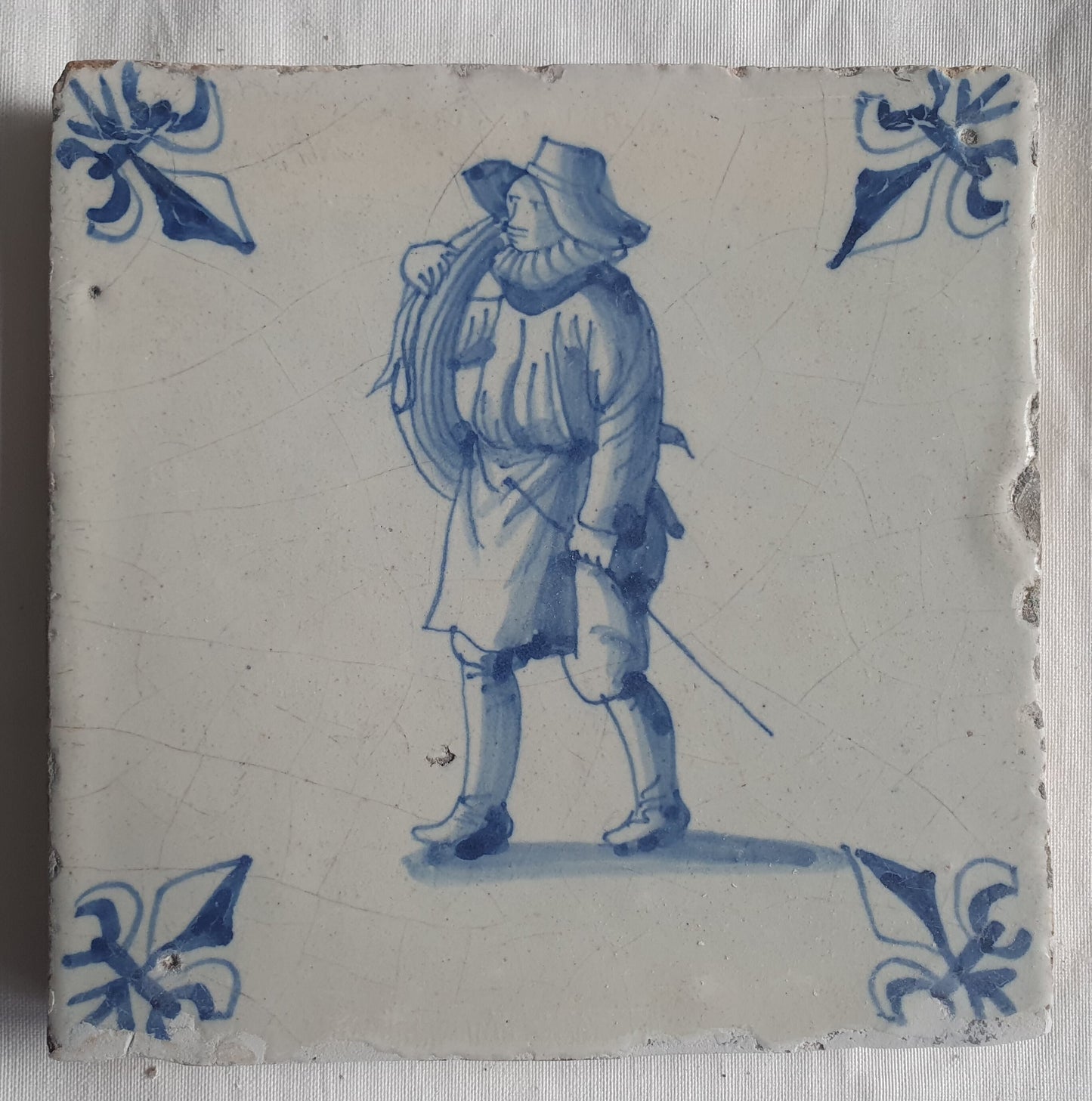 Antique Delft Blue Tile, Chimney Sweep, Lilyhead Corner, 17th Century
