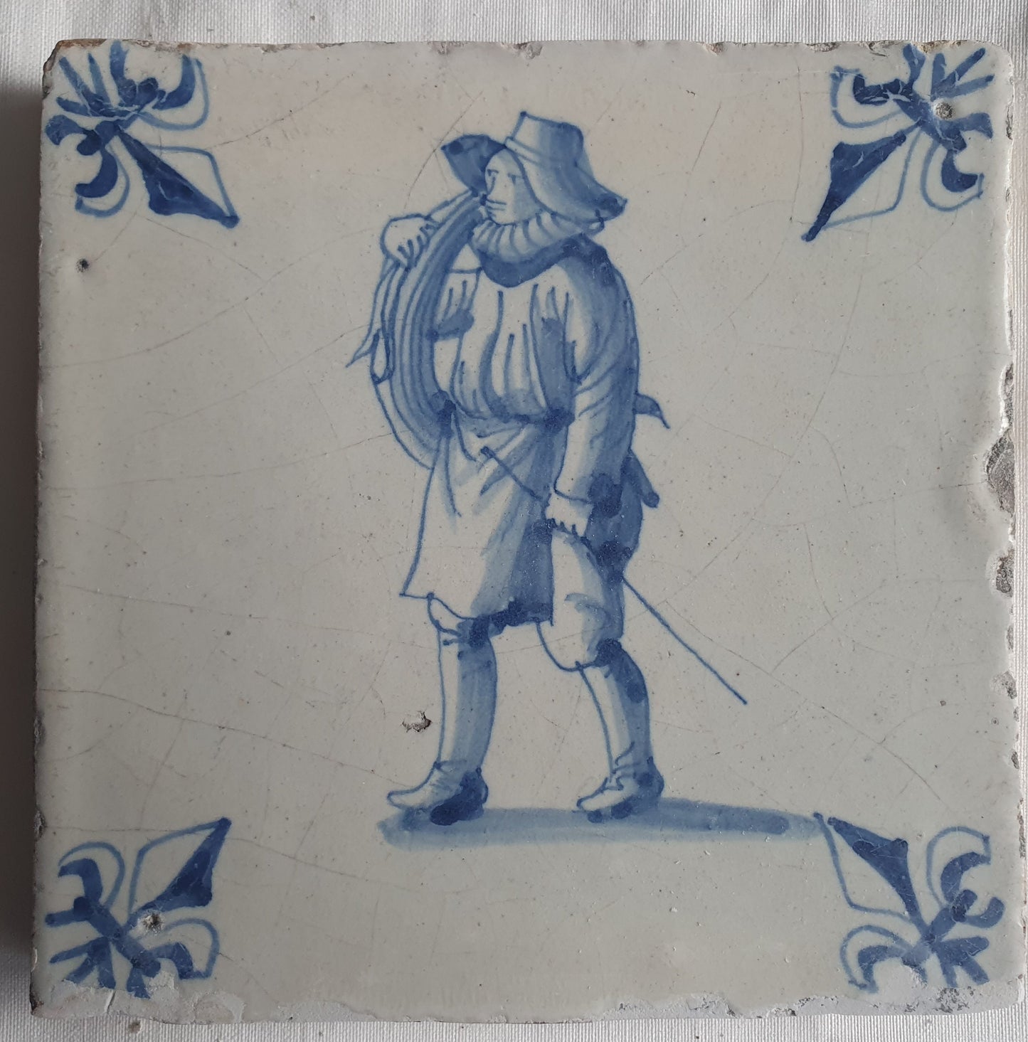 Antique Delft Blue Tile, Chimney Sweep, Lilyhead Corner, 17th Century