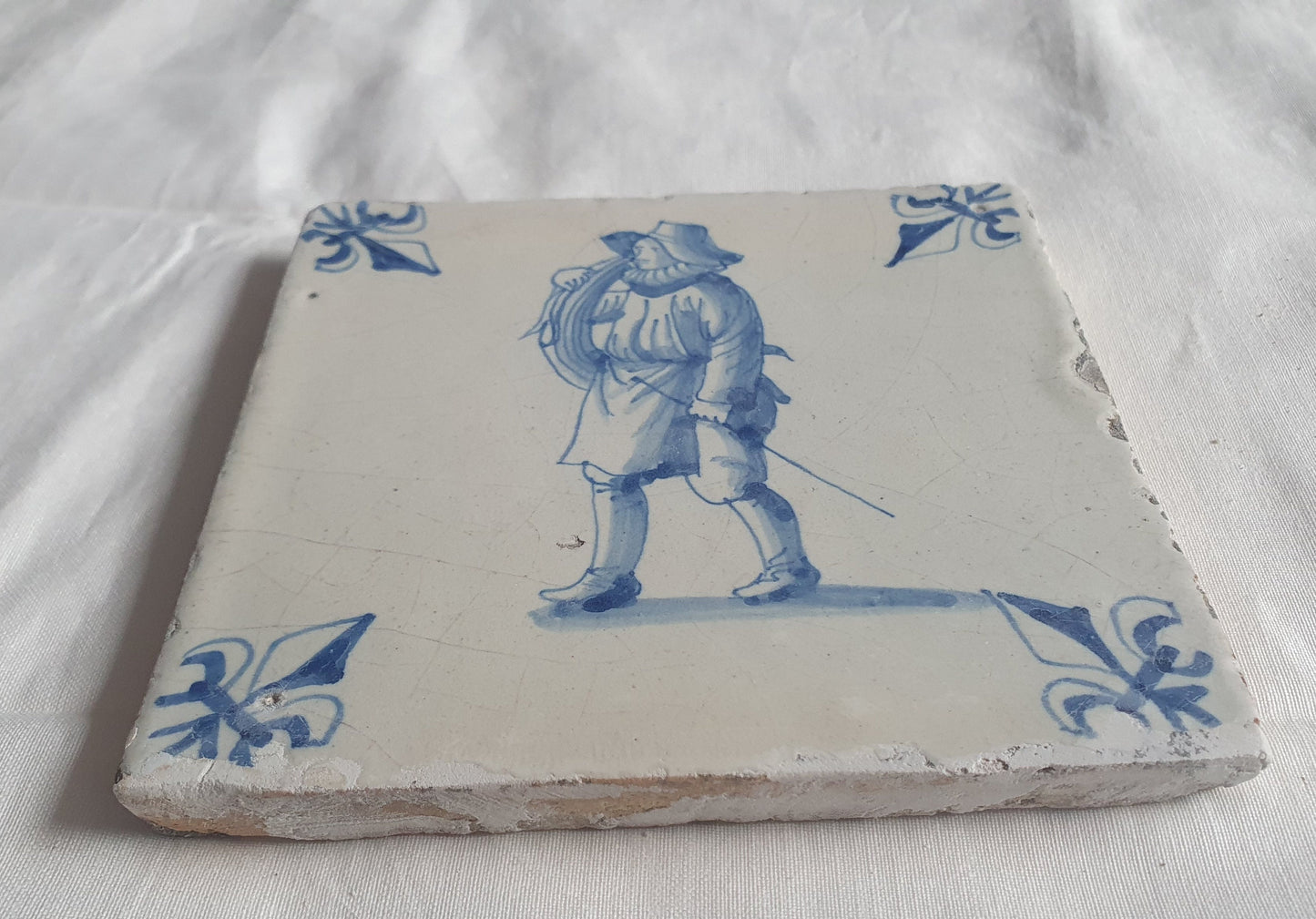 Antique Delft Blue Tile, Chimney Sweep, Lilyhead Corner, 17th Century