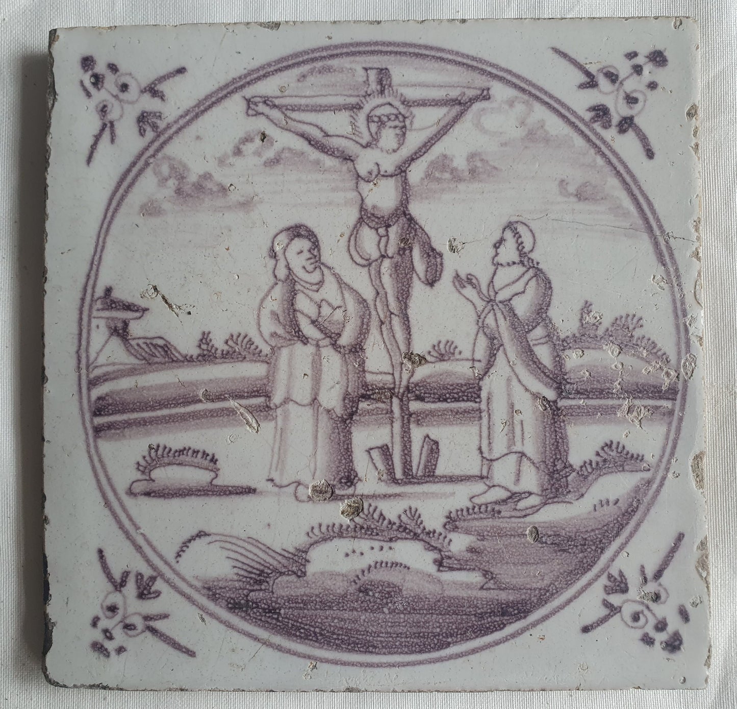 18th century Antique Dutch Tile - manganese bible  biblical tegel