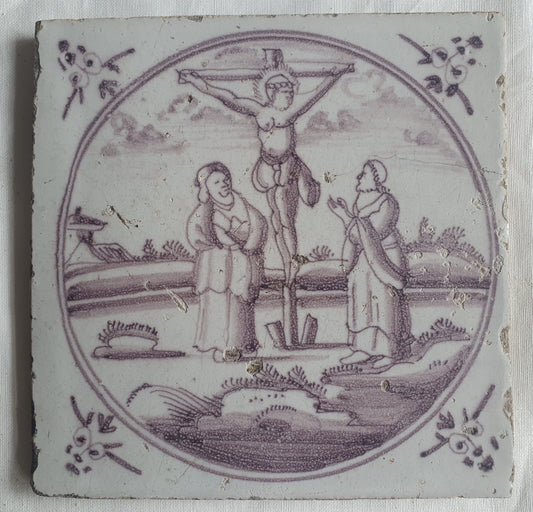 18th century Antique Dutch Tile - manganese bible  biblical tegel