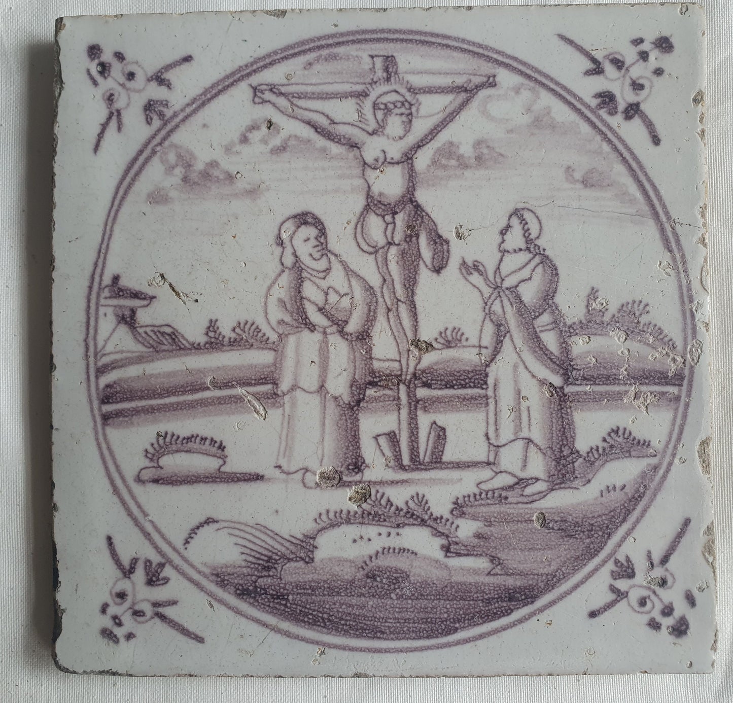 18th century Antique Dutch Tile - manganese bible  biblical tegel