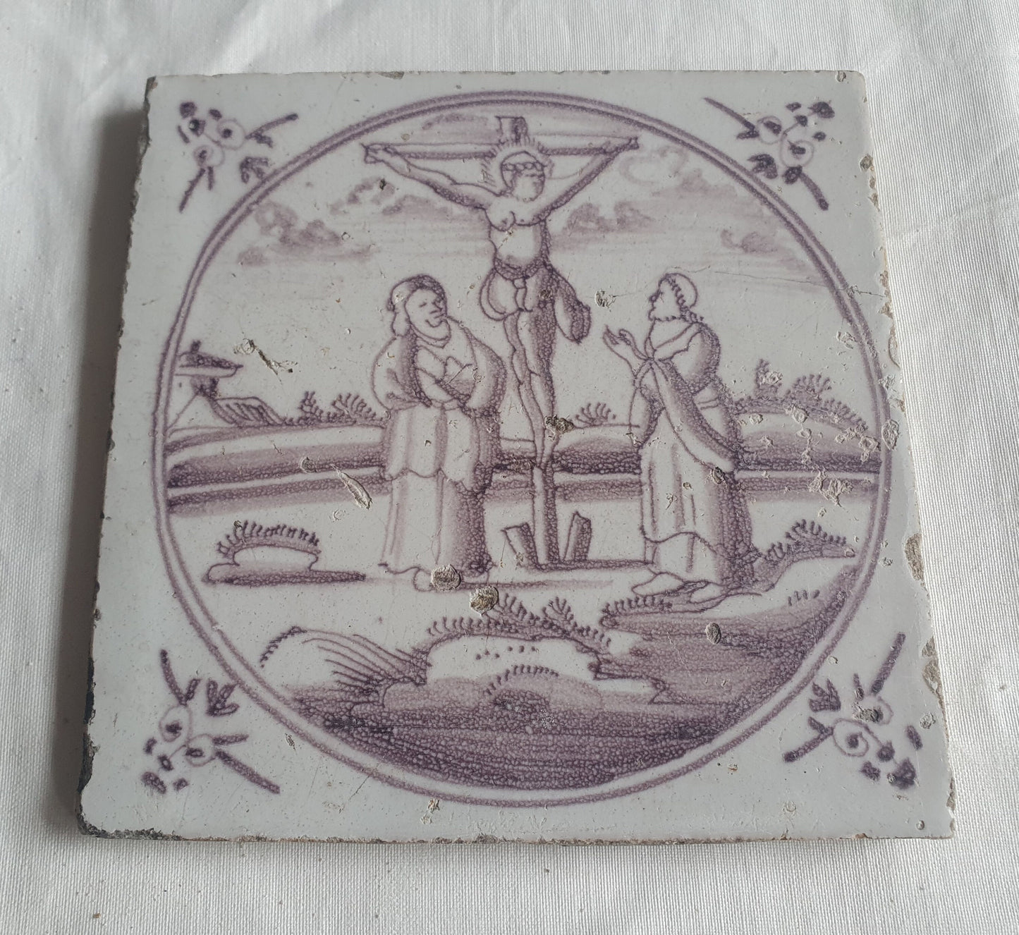 18th century Antique Dutch Tile - manganese bible  biblical tegel
