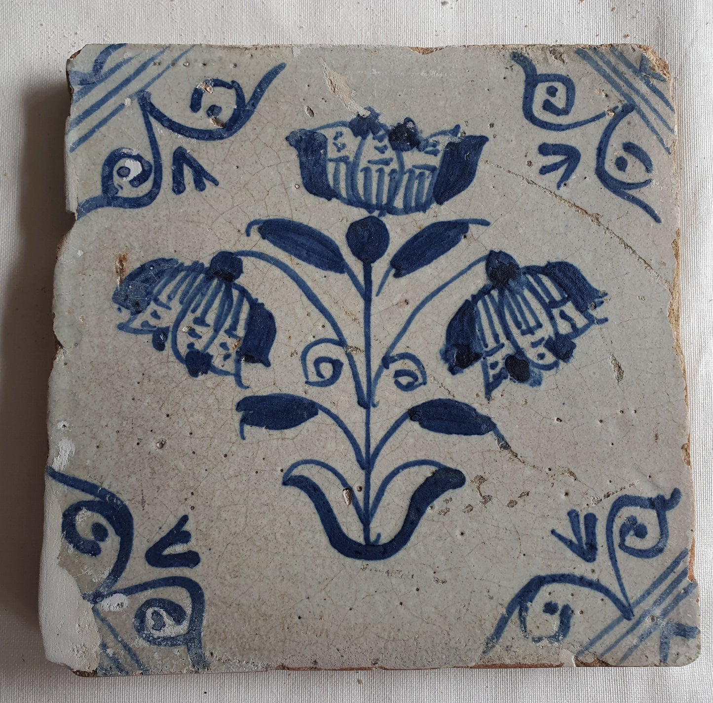 Antique Dutch Tile -  rare , oxhead corner - Dated 1640- 1660 tulp drietulp in antique