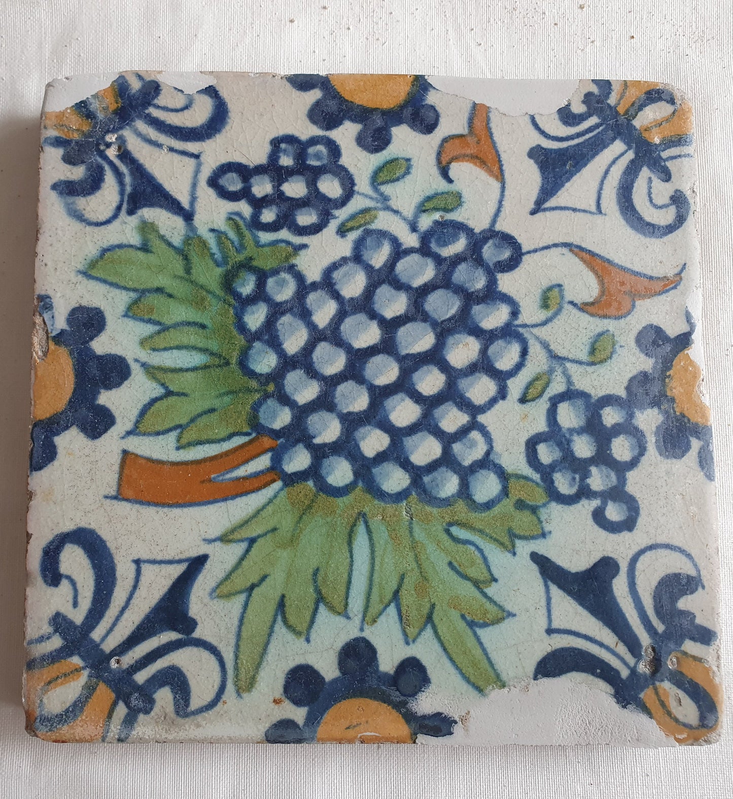 Antique Dutch Grape Tile – 17th Century Polychrome Ornament