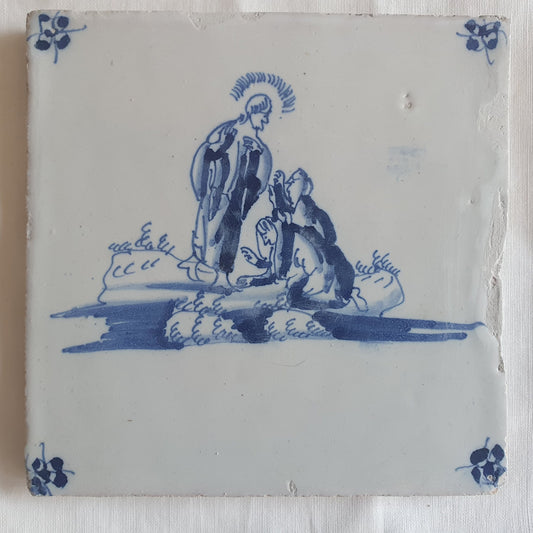 Antieke tegel met Bijbelse voorstelling   in spinnekophoek, antique dutch delft blue tile bible 18th