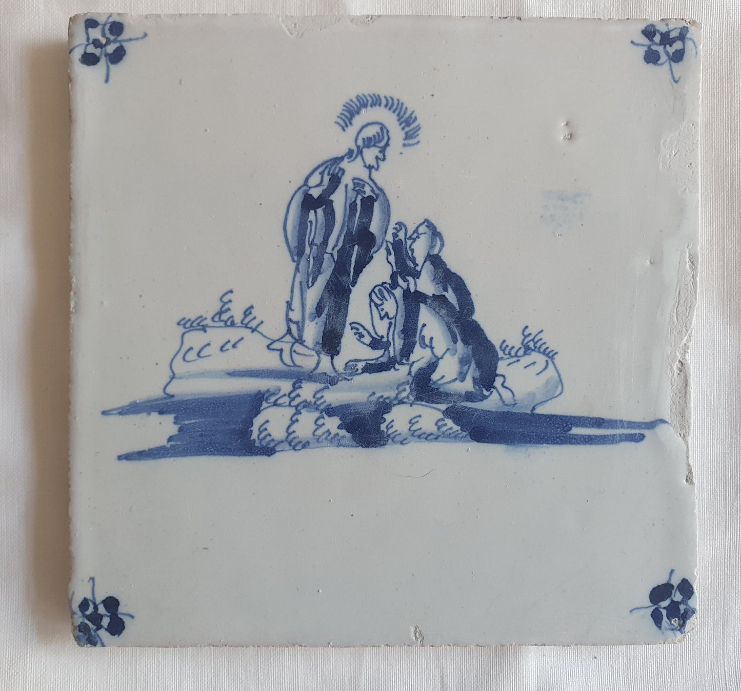 Antieke tegel met Bijbelse voorstelling   in spinnekophoek, antique dutch delft blue tile bible 18th