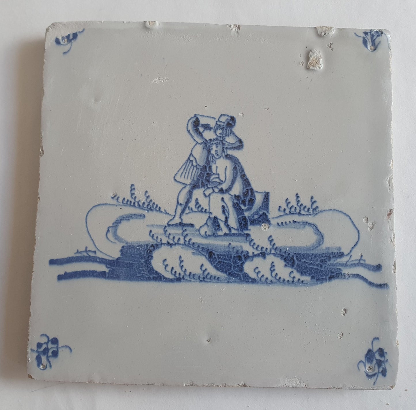 Antieke tegel met Bijbelse voorstelling   in spinnekophoek, antique dutch delft blue tile bible 18th