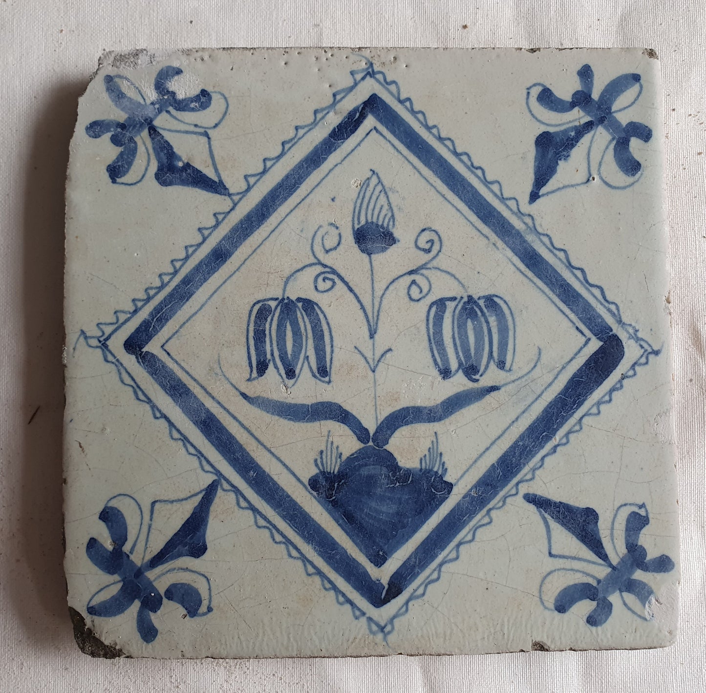 17th Century Dutch Delft Tile, Lily Corner Motif, Holland