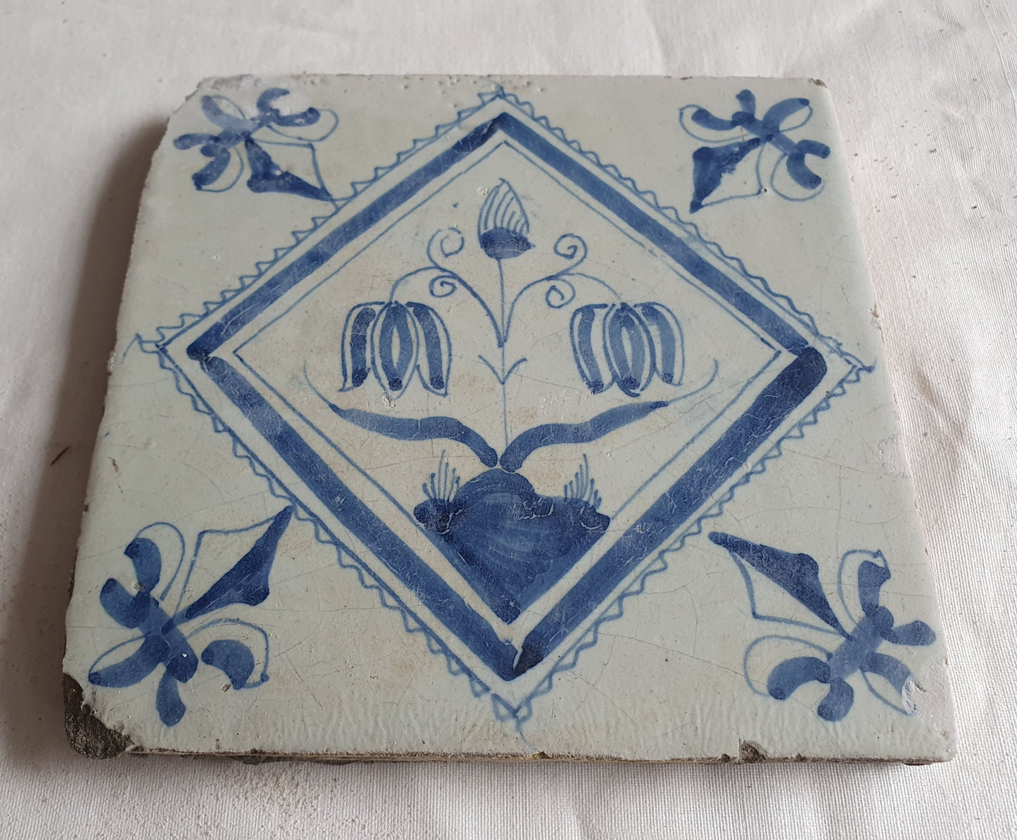 17th Century Dutch Delft Tile, Lily Corner Motif, Holland