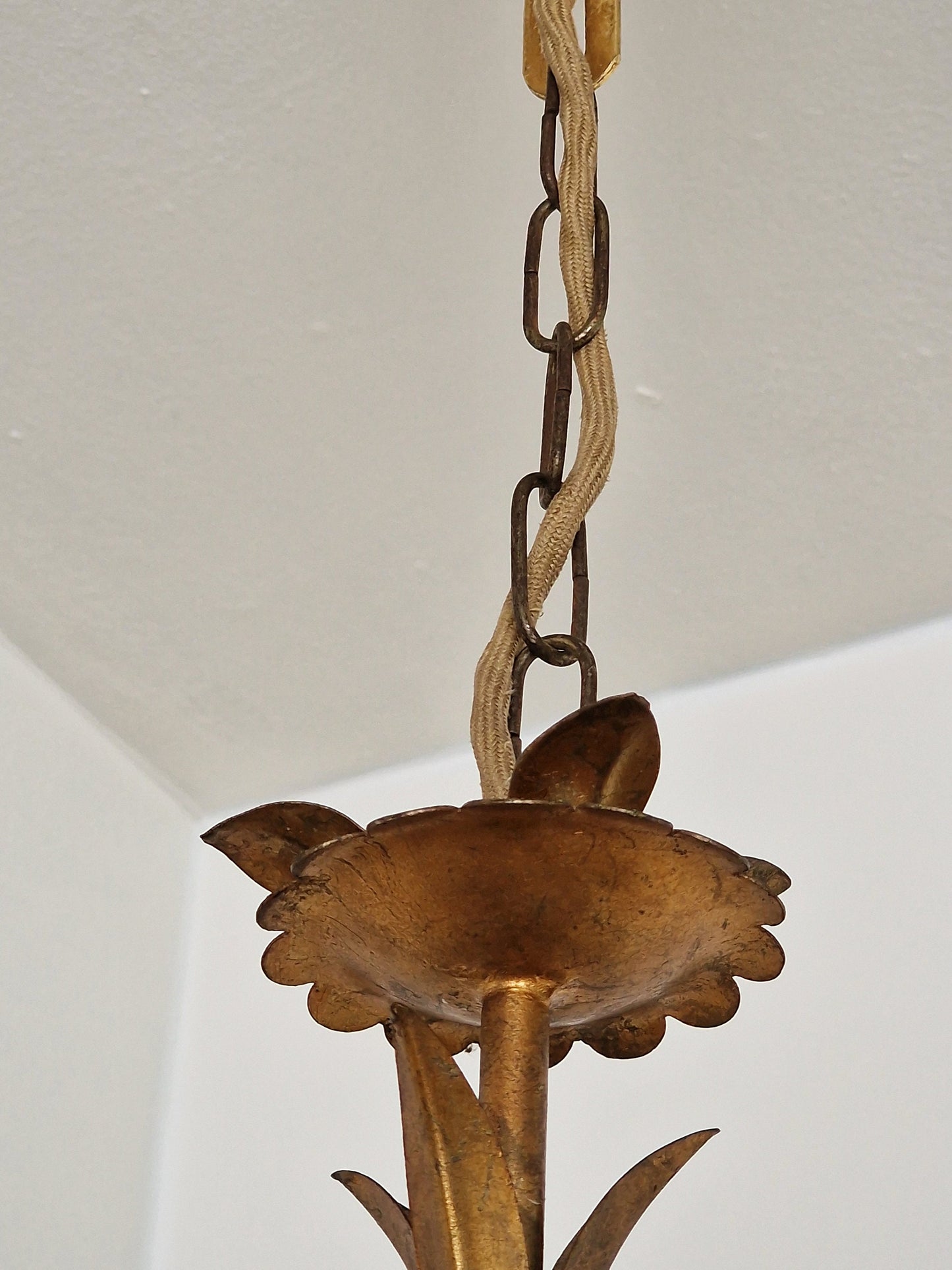 Gold Gilded French Chandelier, Rose Floral Lamp, Mid-Century Lighting