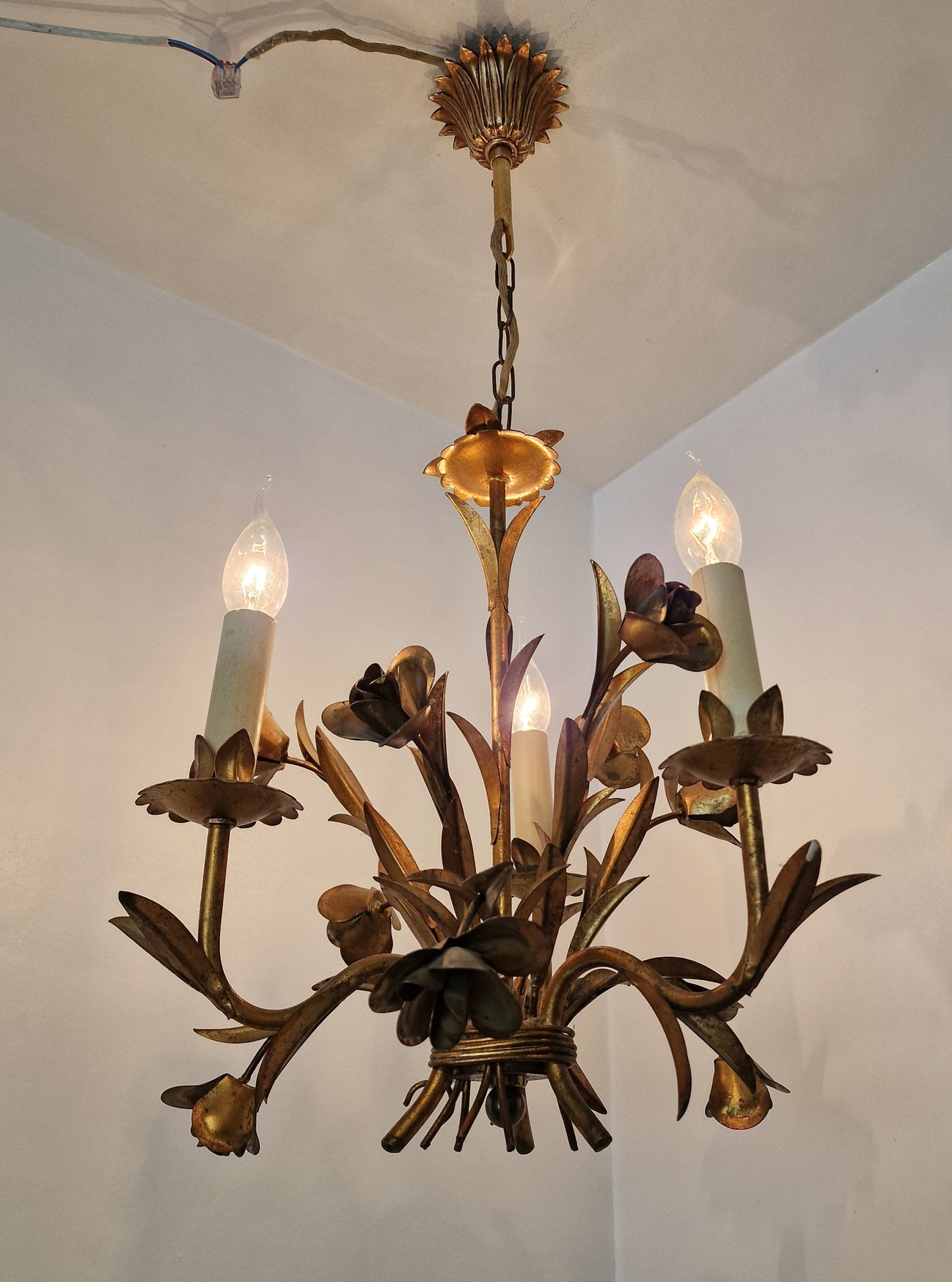 Gold Gilded French Chandelier, Rose Floral Lamp, Mid-Century Lighting