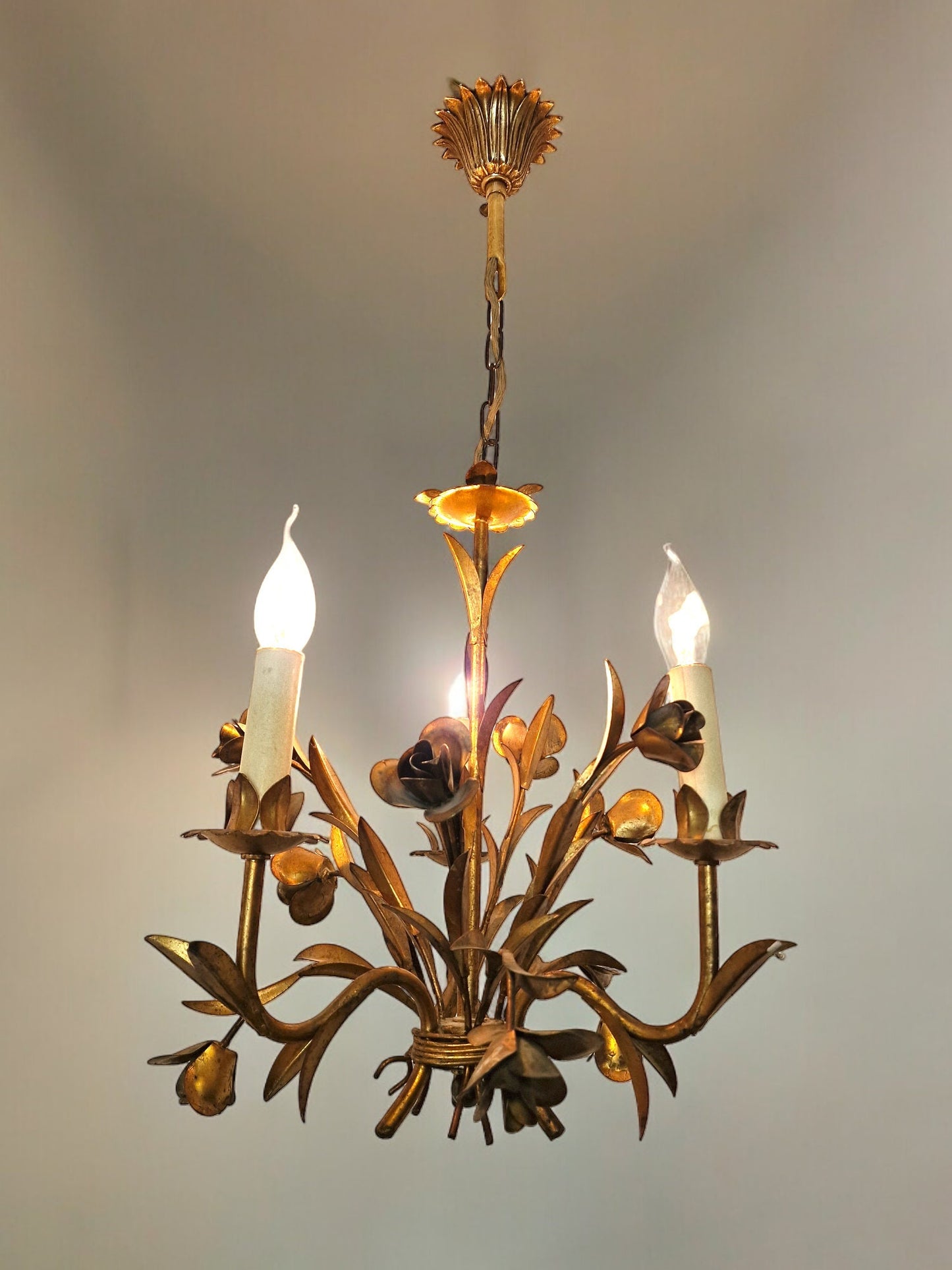 Gold Gilded French Chandelier, Rose Floral Lamp, Mid-Century Lighting