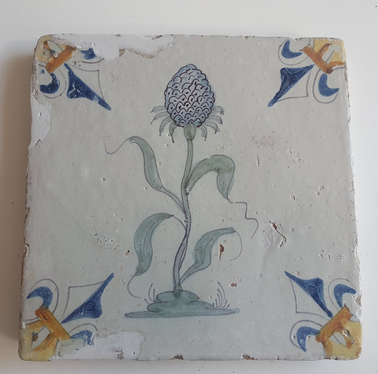 Antique Delft Tile – Polychrome Lily, Fleur-de-Lis Motifs, c.1640