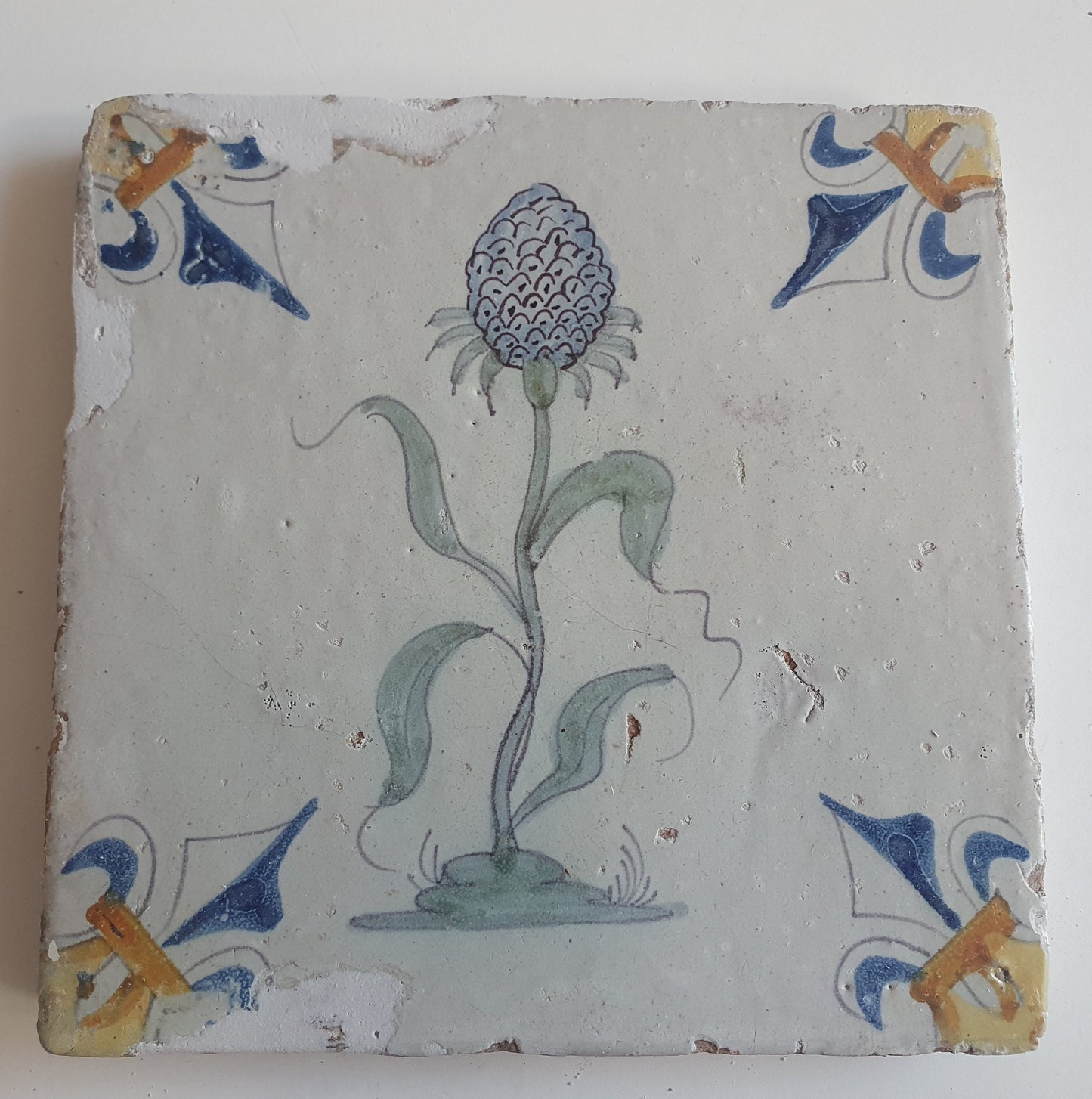 Antique Delft Tile – Polychrome Lily, Fleur-de-Lis Motifs, c.1640