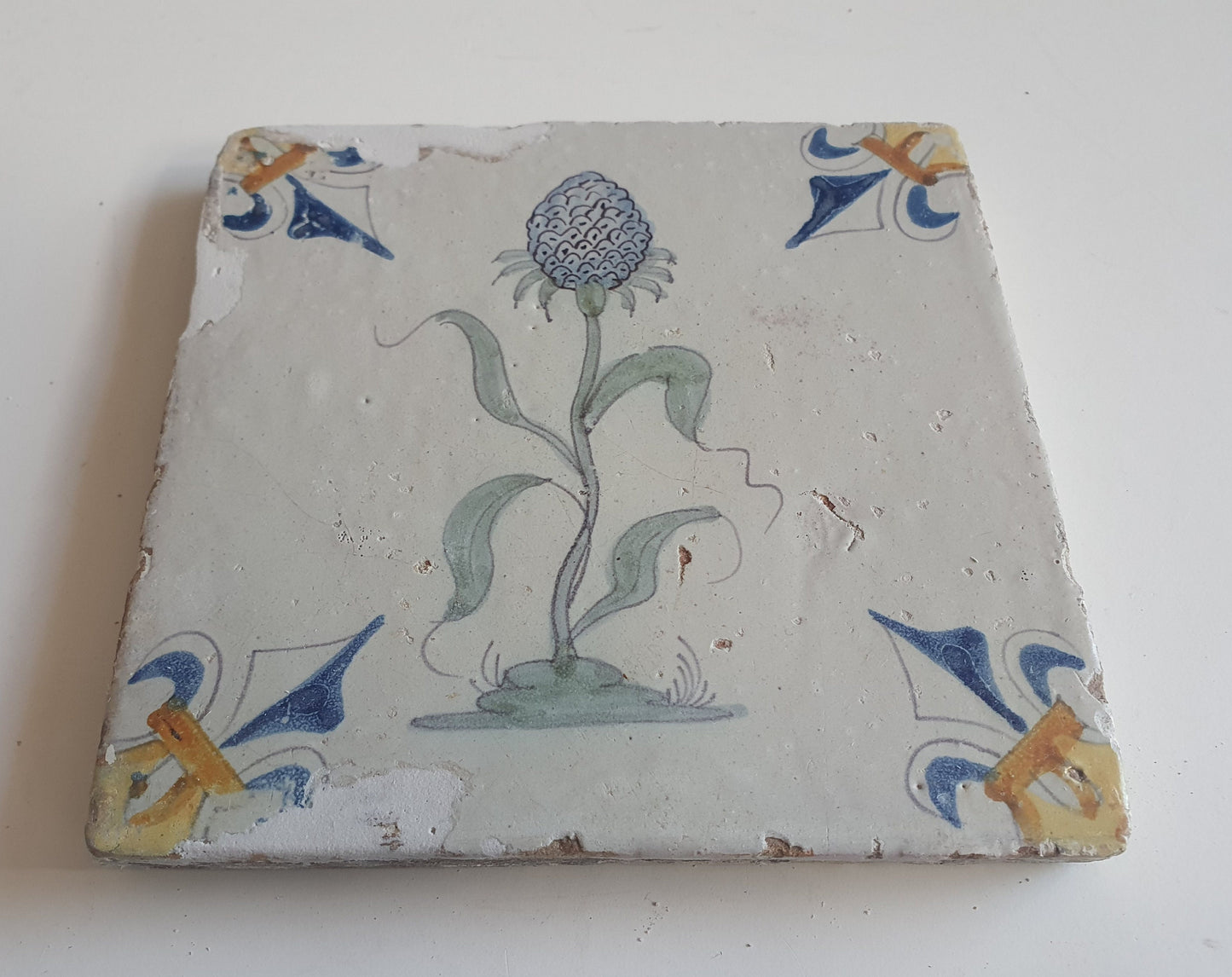 Antique Delft Tile – Polychrome Lily, Fleur-de-Lis Motifs, c.1640