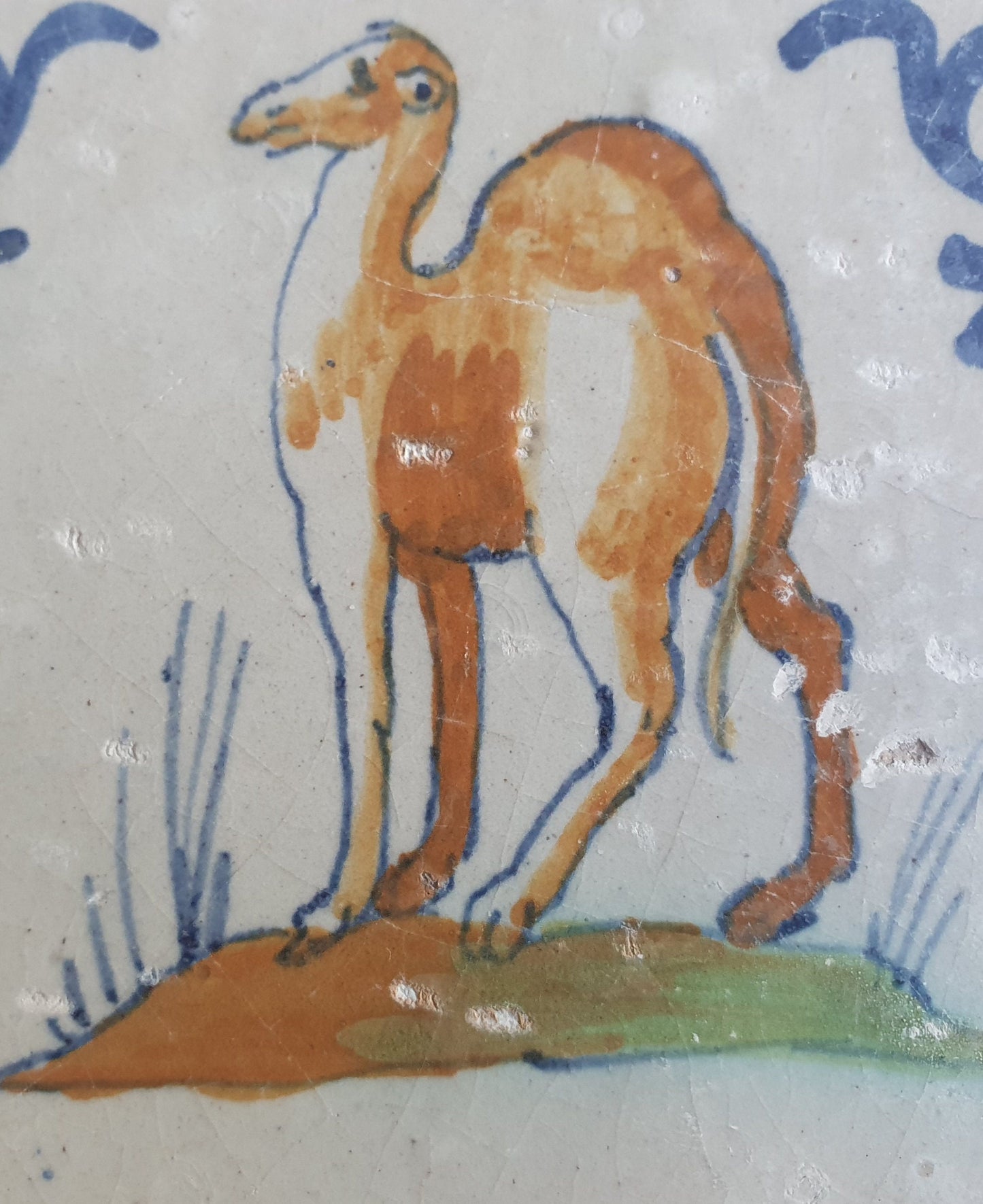 Antique Delft Tile – 17th Century Dromedary, Oxhead Corner Motifs
