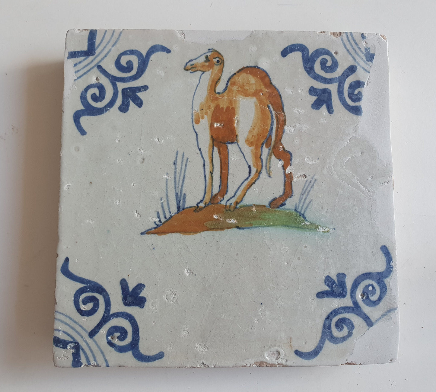 Antique Delft Tile – 17th Century Dromedary, Oxhead Corner Motifs