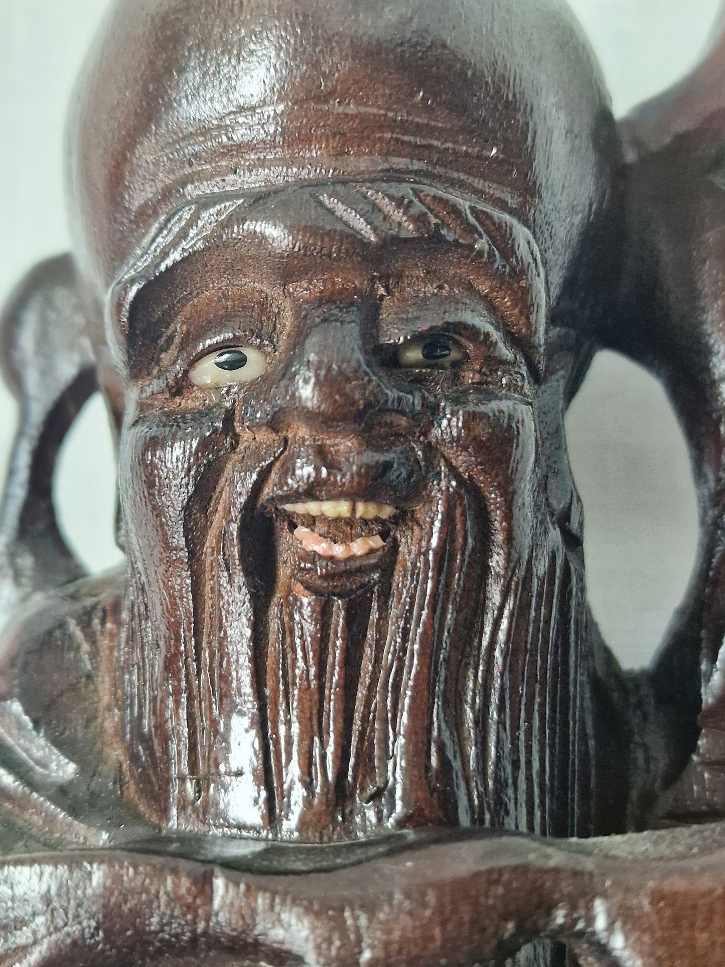 Hand-Carved Rosewood Sage Statue with Bone Inlay - Early 20th Century China