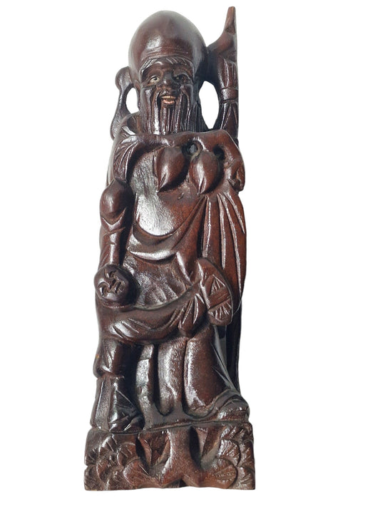 Hand-Carved Rosewood Sage Statue with Bone Inlay - Early 20th Century China