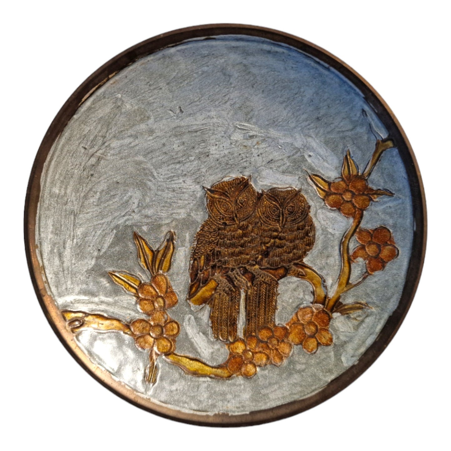 Vintage Cloisonne Owl Bowl, Copper Footed Dish, 20th Century