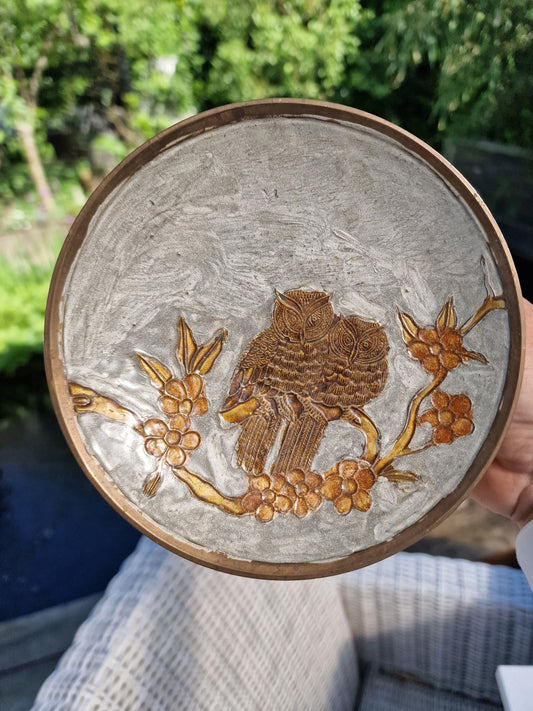 Vintage Cloisonne Owl Bowl, Copper Footed Dish, 20th Century