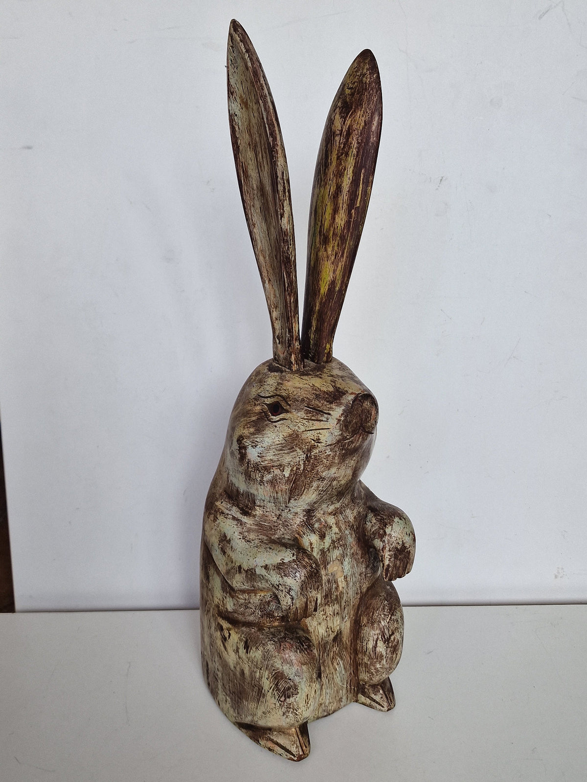 XL Handcarved Wood Hare Figurine, Removable Ears, Funny Animal Statue (46 cm)