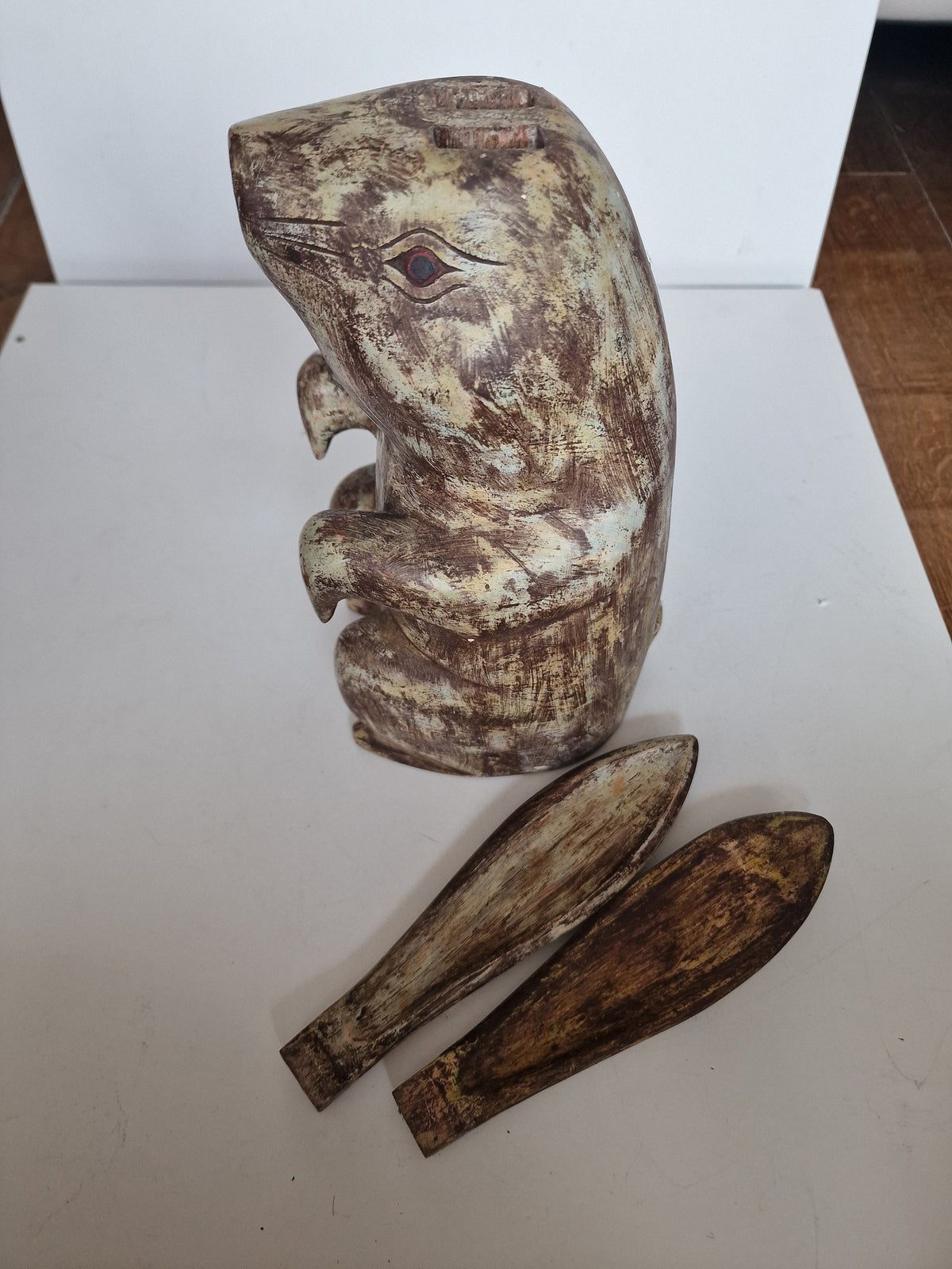 XL Handcarved Wood Hare Figurine, Removable Ears, Funny Animal Statue (46 cm)