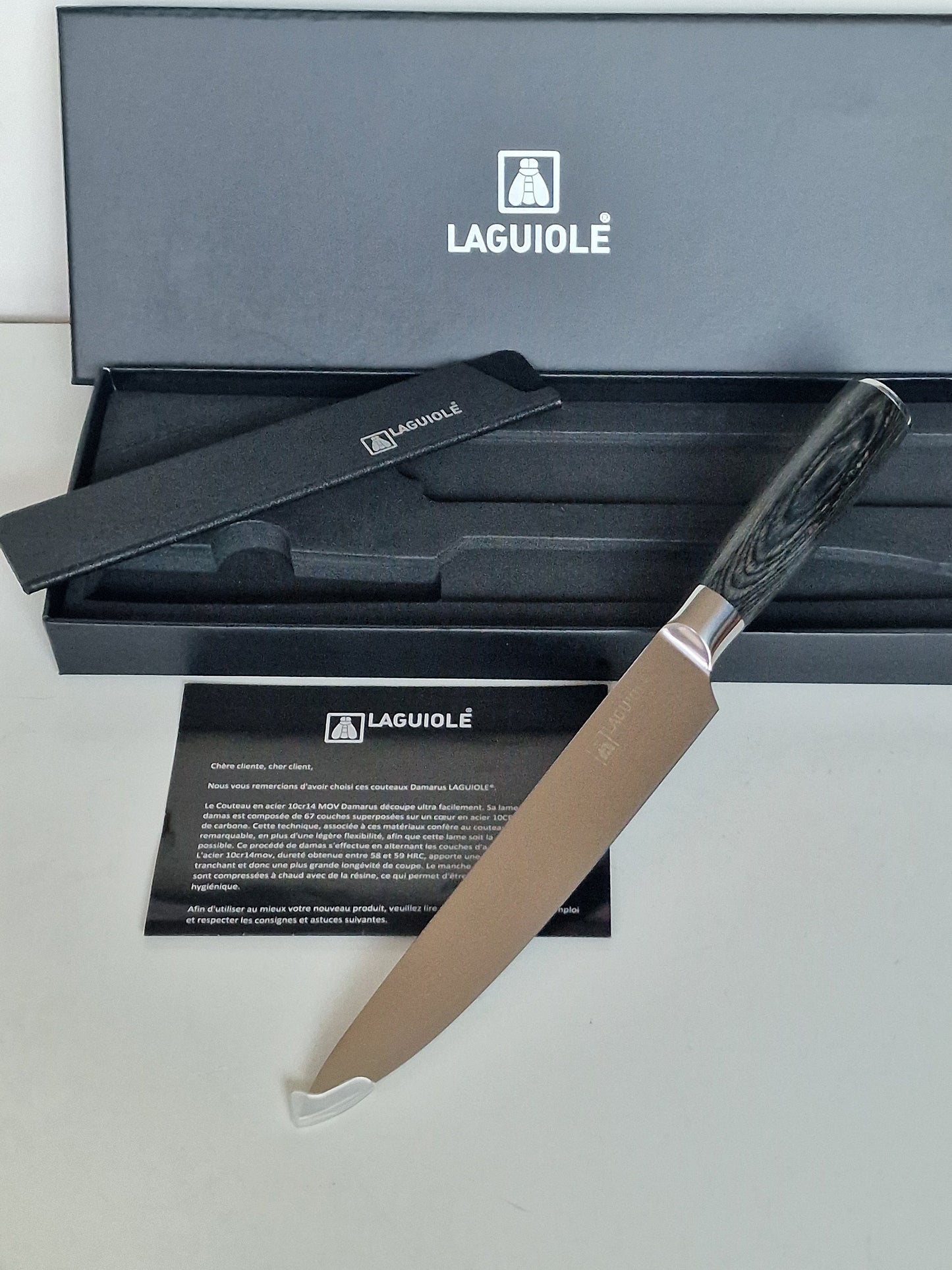 Laguiole Damarus Damascus Steel Chef Knife, Pakkawood Handle, Leather Sheath