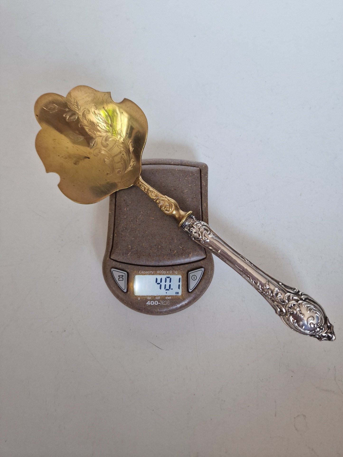 Victorian Gold Gilt Tart Spoon with Sterling Silver Handle, Antique 19th Century