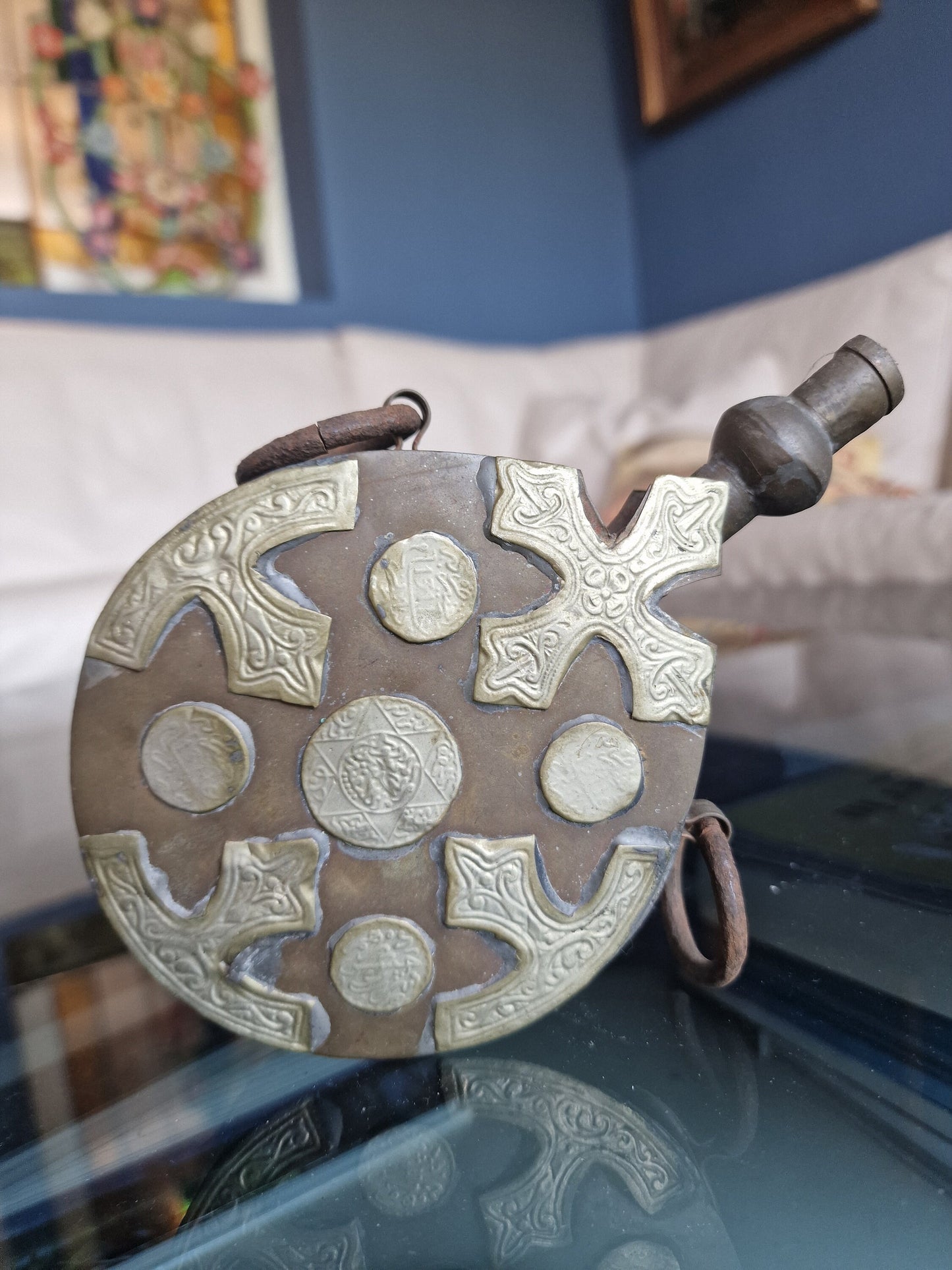 Antique engraved Silver Tone and Bronze Gunpowder Flask- 20th century, islamic
