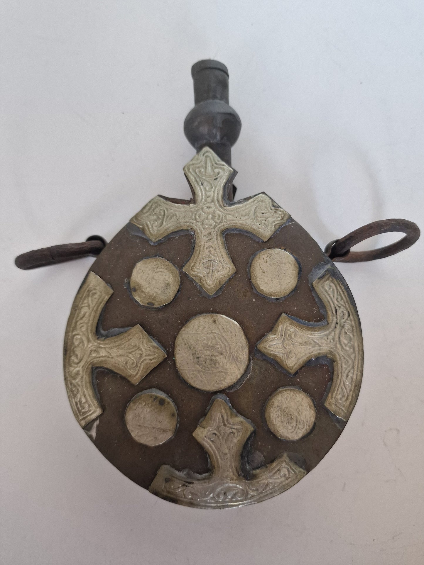 Antique engraved Silver Tone and Bronze Gunpowder Flask- 20th century, islamic