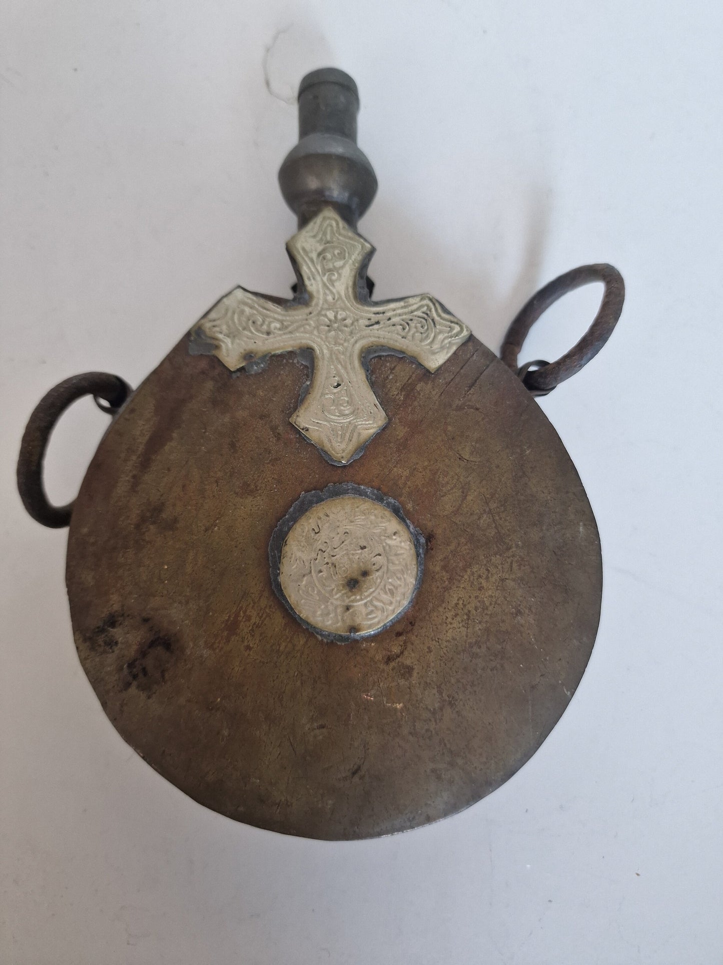 Antique engraved Silver Tone and Bronze Gunpowder Flask- 20th century, islamic