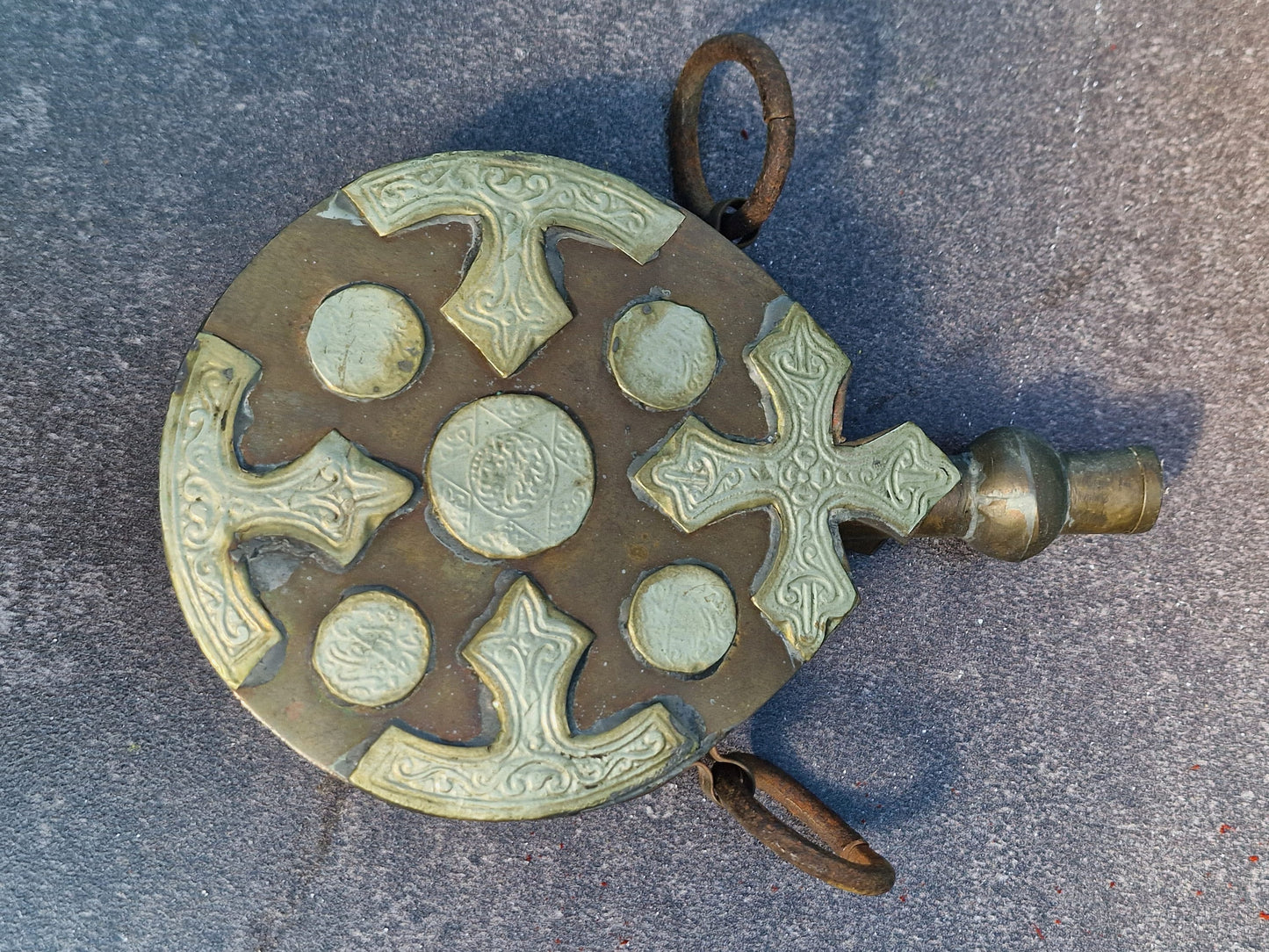 Antique engraved Silver Tone and Bronze Gunpowder Flask- 20th century, islamic