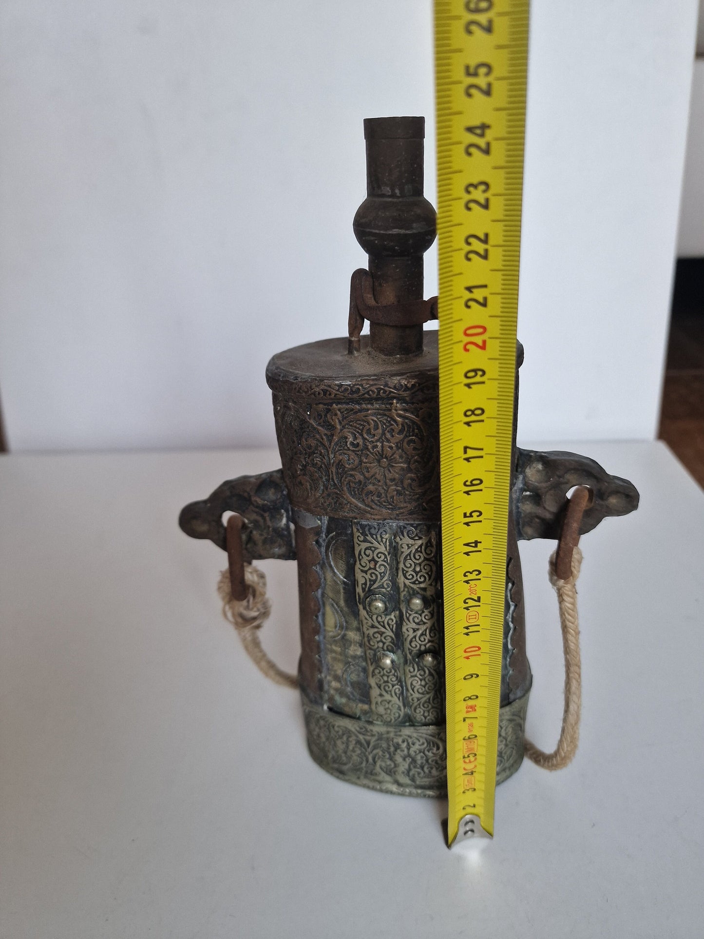 Antique Engraved Brass Gunpowder Flask – 19th Century Islamic Decor