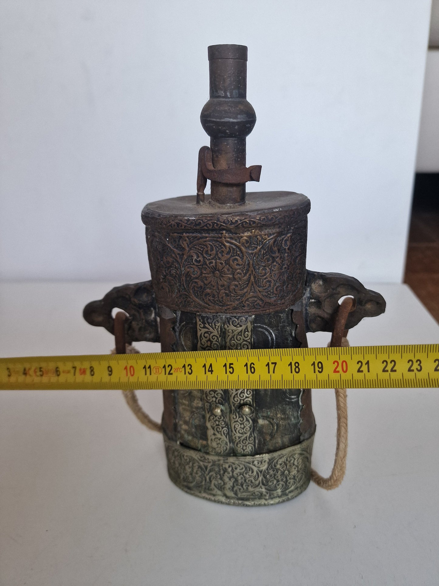 Antique Engraved Brass Gunpowder Flask – 19th Century Islamic Decor