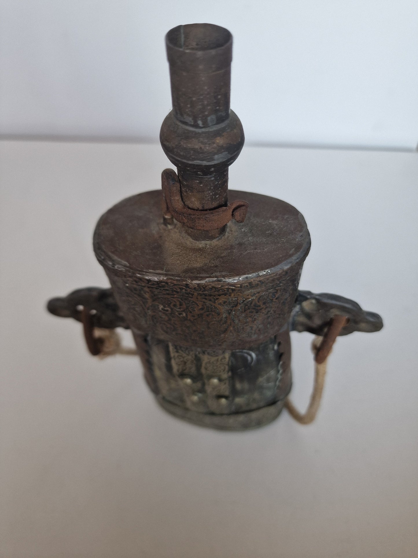 Antique Engraved Brass Gunpowder Flask – 19th Century Islamic Decor