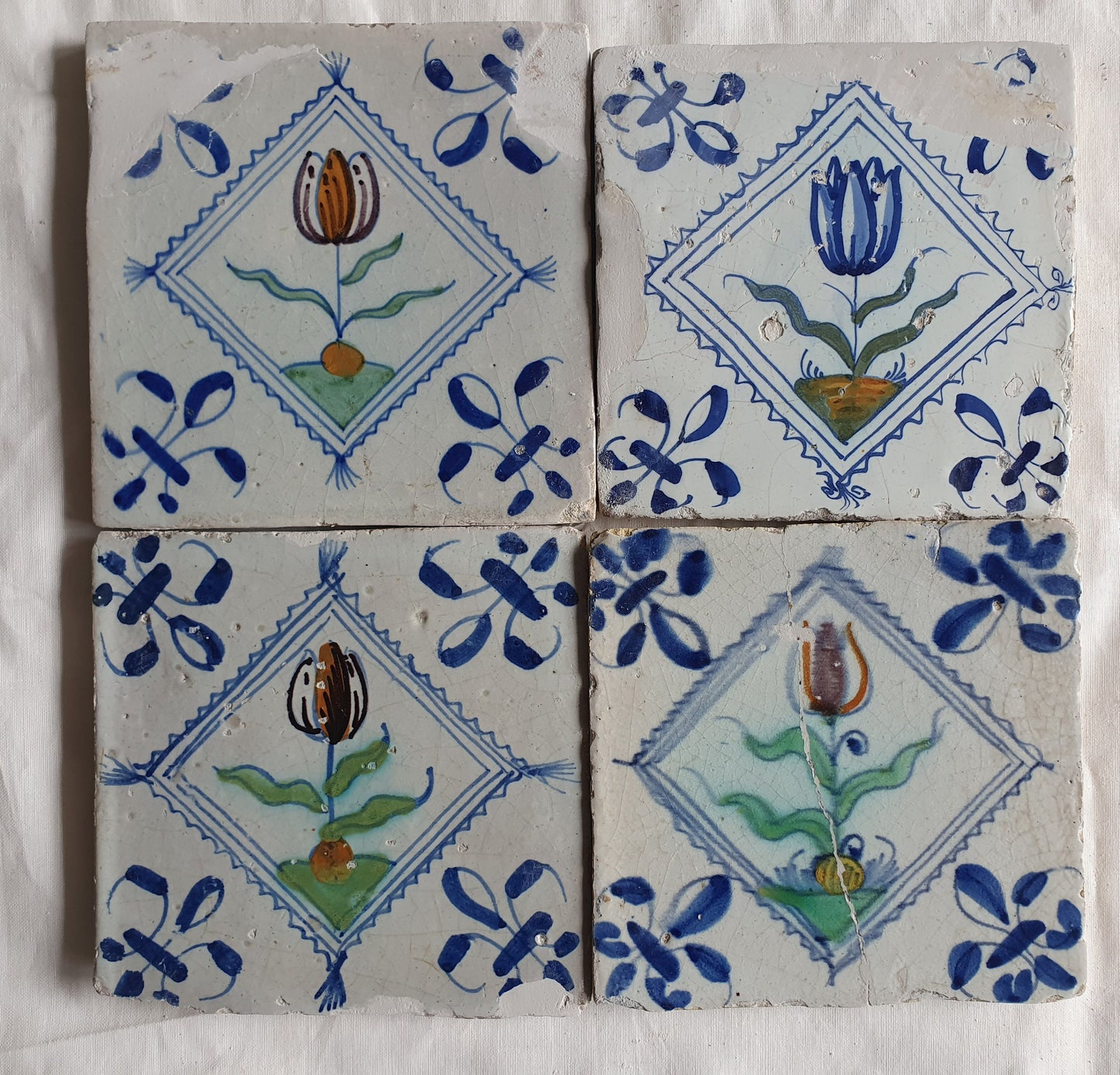 4 Antique Delft Tulip Tiles, Polychrome Diamond Square, c. 1640
