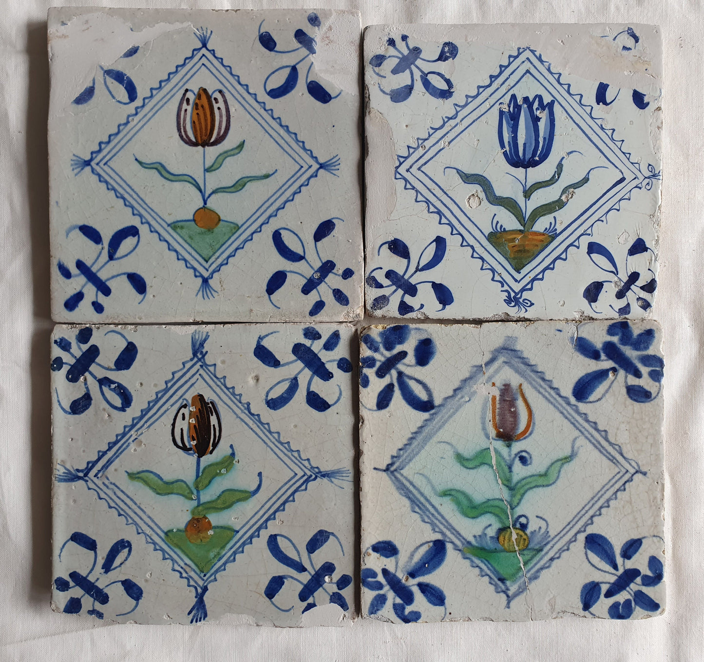 4 Antique Delft Tulip Tiles, Polychrome Diamond Square, c. 1640