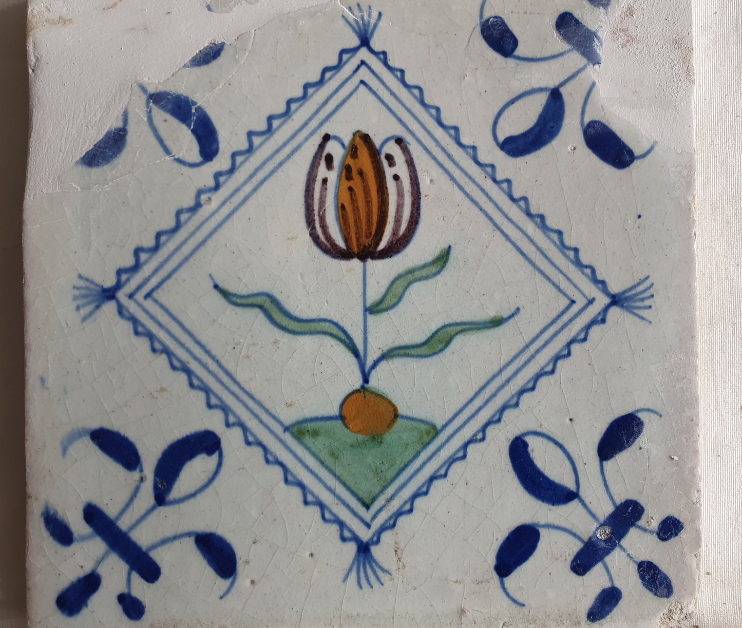 4 Antique Delft Tulip Tiles, Polychrome Diamond Square, c. 1640
