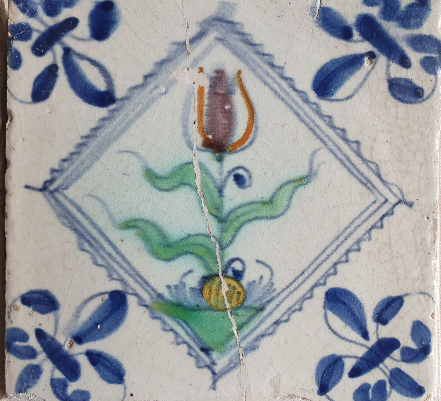 4 Antique Delft Tulip Tiles, Polychrome Diamond Square, c. 1640