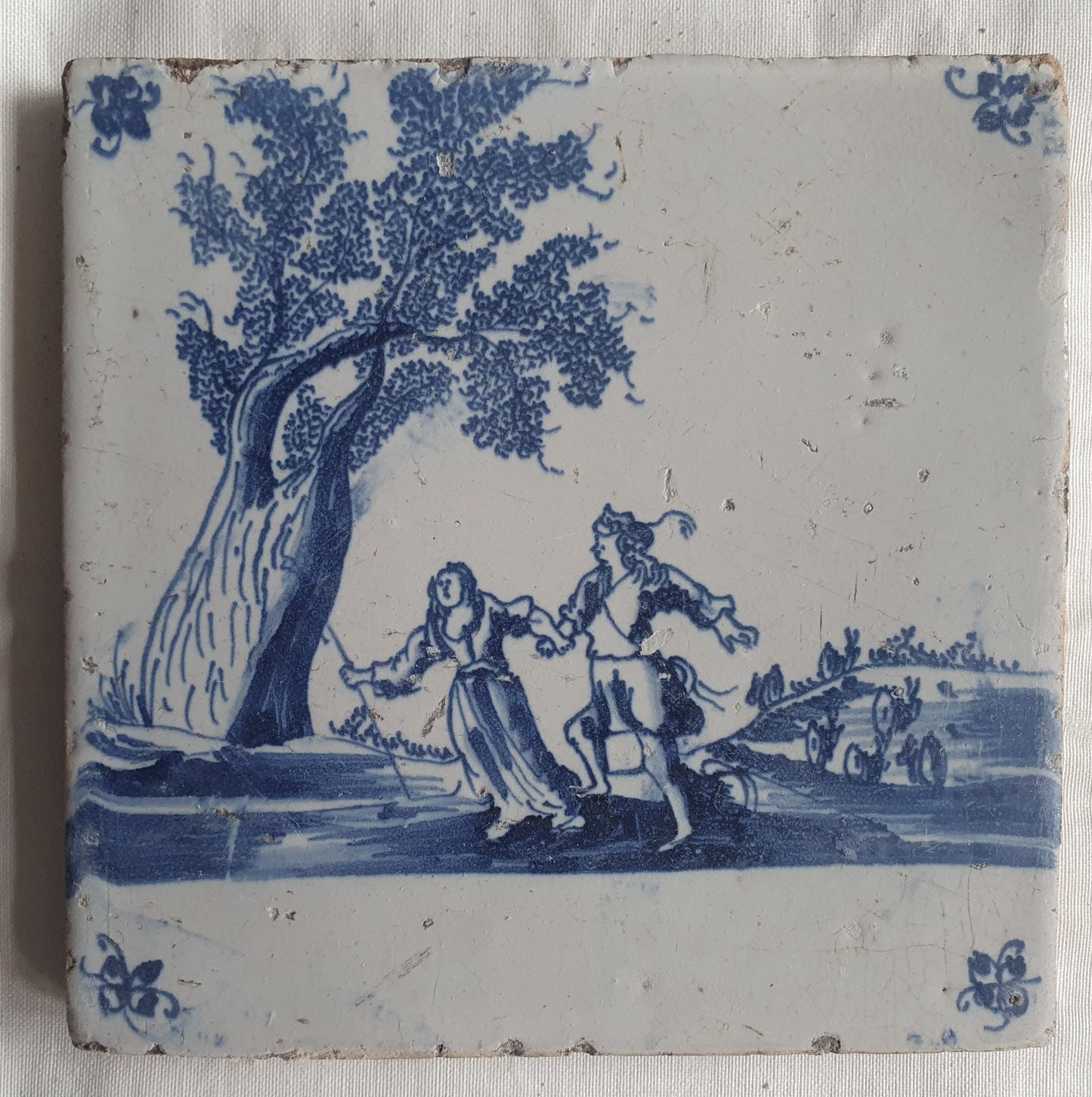 Antique Dutch Delft Tiles, Pastoral Scene, circa 1680 AD, Set of 4